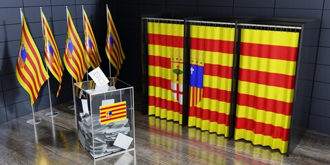 Aragon - voting cabin, ballot box and flags at polling station - 3D illustration