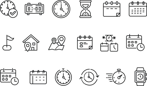 "Time, Date, and Address Editable Stroke Outline Icons for Organized Visuals"