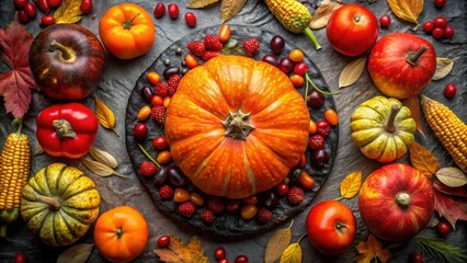 A vibrant autumnal still life featuring a pumpkin surrounded by assorted gourds, berries, and corn on a dark background.