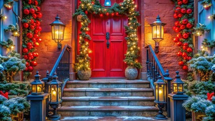Fototapeta premium Christmas Red Door Blue Lanterns Long Exposure