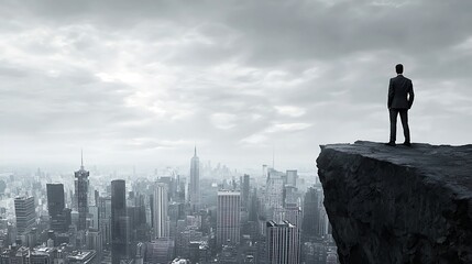 A man stands on a ledge overlooking a city