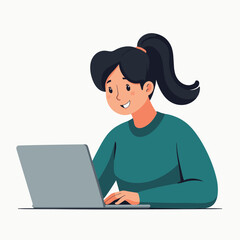 Happy woman working on laptop computer. Flat vector illustration of a smiling woman using her laptop, perfect for websites, presentations, and marketing materials.