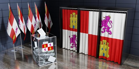 Castile and Leon - voting cabin, ballot box and flags at polling station - 3D illustration