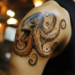A tattoo of an octopus with a mouth open and a skull in its eye