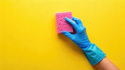 Cleaning Sponge, Pink Glove, Household Hygiene, Yellow Background