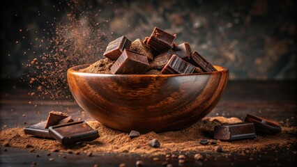 A wooden bowl overflowing with dark chocolate chunks, surrounded by a cloud of cocoa powder, ready...