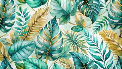 Tropical Watercolor Illustration of Lush Green and Gold Leaves, Perfect for Home Decor, Fabric, and Wallpaper