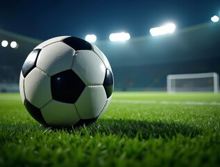 Fototapeta premium Soccer ball resting on the grass with stadium lights shining during a night match
