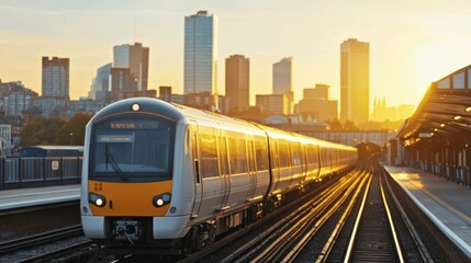 Fototapeta premium Golden Hour Train Passing Through a Bustling Urban Landscape