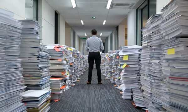 Overwhelmed by Paperwork in Office Hallway