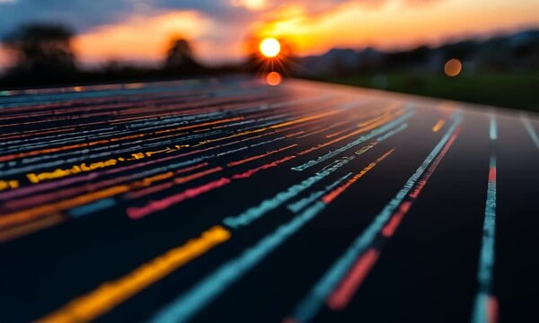 Close-up of colorful code on a screen at sunset.