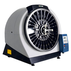 A spinning centrifuge with detailed sample holders and motion blur.
