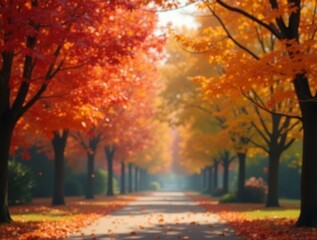 Fototapeta premium Vibrant autumn foliage lining a serene park pathway in warm afternoon sunlight