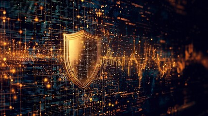 Digital backdrop featuring a glowing shield symbolizing cybersecurity, surrounded by data streams and golden lines representing protection and technology.