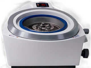 A spinning centrifuge with detailed sample holders and motion blur.
