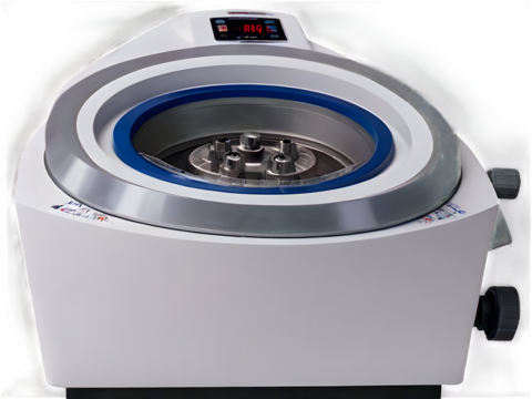 A spinning centrifuge with detailed sample holders and motion blur.
