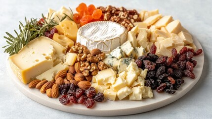 Cheese plate with artisanal cheeses, nuts, and dried fruits