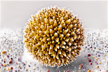 A hyper-detailed image of a microscopic object like pollen grains or cells.
