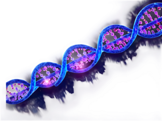 A digital visualization of a genetic sequence with glowing letters and icons.
