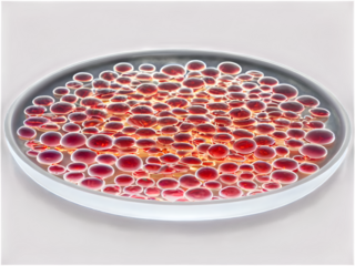 A petri dish containing glowing cells under a spotlight effect.
