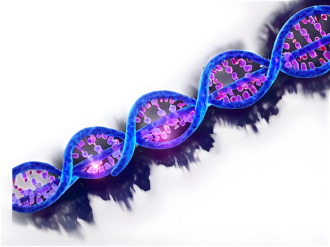 A digital visualization of a genetic sequence with glowing letters and icons.
