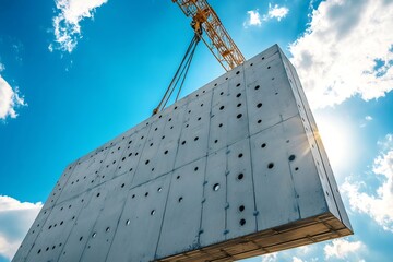 Construction crane lifting precast concrete wall panel against blue sky