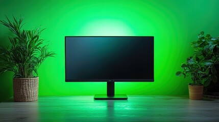 Fototapeta premium Green-lit desk; monitor, plants, minimalist setup.