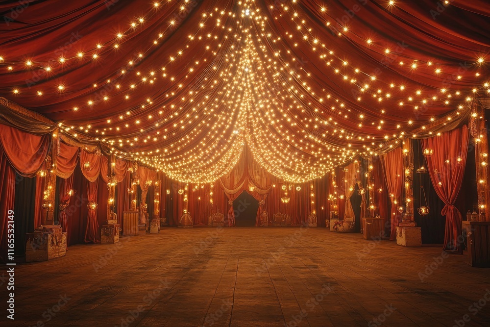 Poster empty circus tent with fairy lights and red carpet awaiting the show