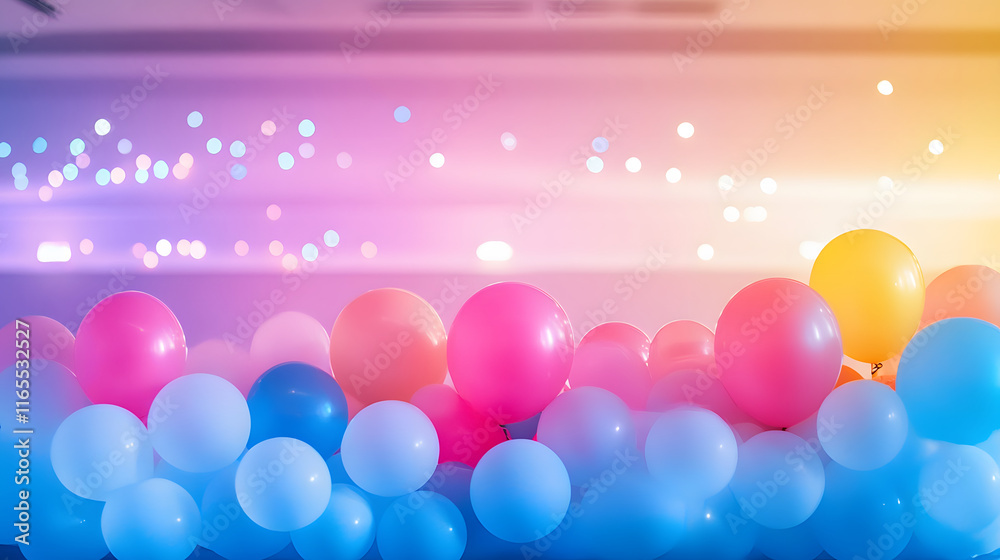 Poster colorful balloons in a festive setting with a soft, blurred background