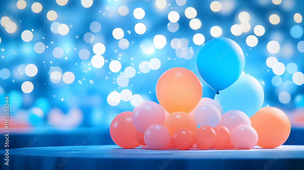 Poster colorful balloons on a table with a dreamy bokeh background