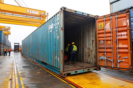 Dockworkers inspecting cargo inside open shipping container at port terminal
