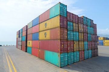 Stacked shipping containers filling a cargo port terminal