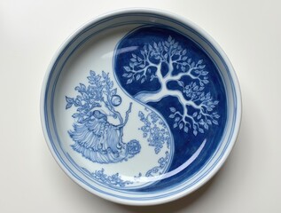Beautifully Crafted Blue and White Ceramic Plate Featuring Yin Yang Design with Nature Motifs
