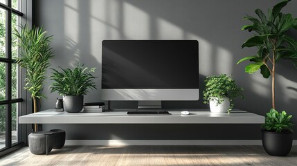 Fototapeta premium Modern minimalist workspace, plants, computer, sunlight.