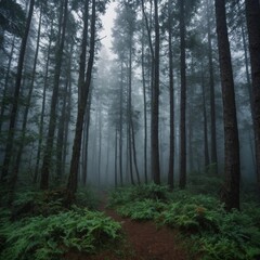 Obraz premium A misty morning in a dense forest, where the trees disappear into the fog.