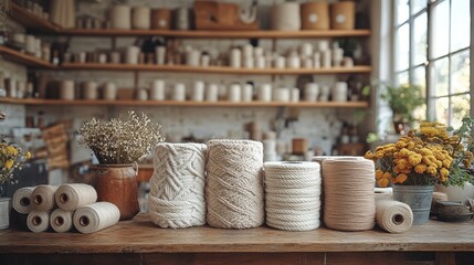 Rustic Macramé Workspace Featuring Spools of Cotton