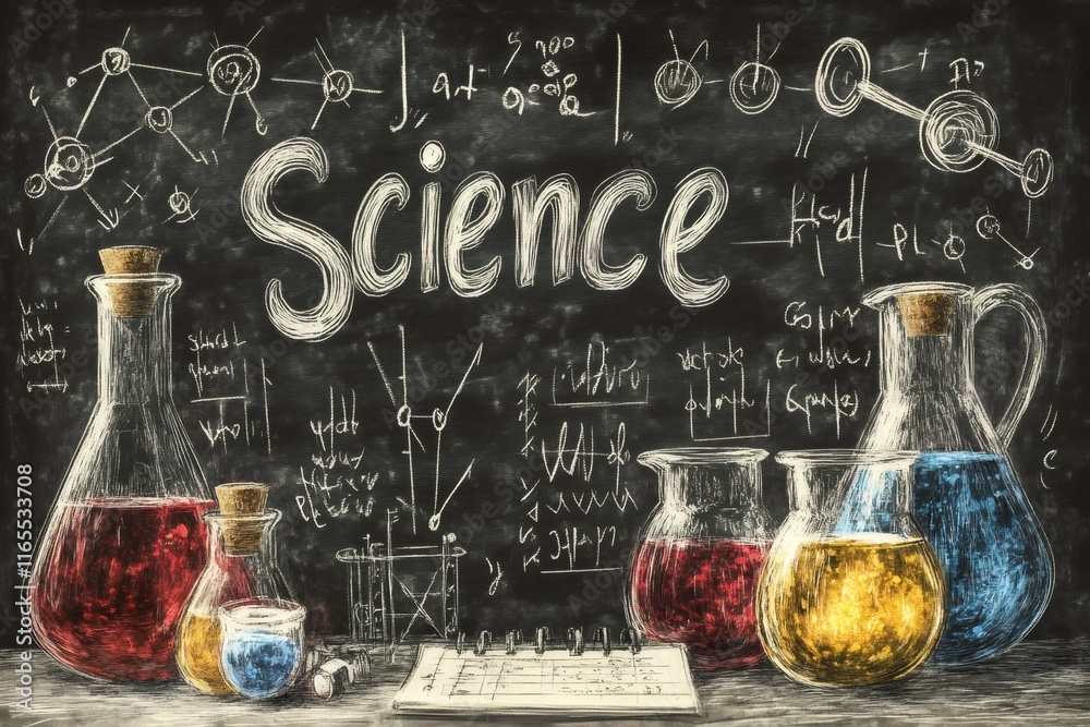 Poster science experiment with beakers and flasks displaying chemical reactions on blackboard