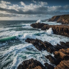 A dramatic coastline with waves crashing against jagged rocks.