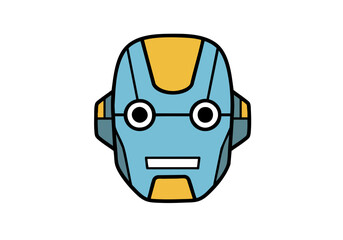 Illustration of a futuristic robot face with a minimalist design, featuring blue and yellow colors against a white background.