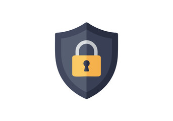 Illustration of a locked padlock on a shield symbolizes digital security and protection in online environments. © Vector Factory
