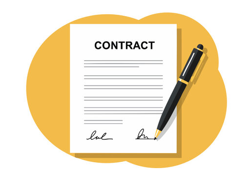 Illustration of a signed contract with a black pen resting on it, symbolizing agreement or commitment in business.