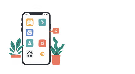 Illustration of a smartphone displaying various app icons with plant decor, symbolizing technology and lifestyle integration.