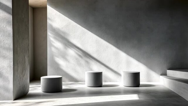 Minimalist interior design featuring three round concrete stools in natural light