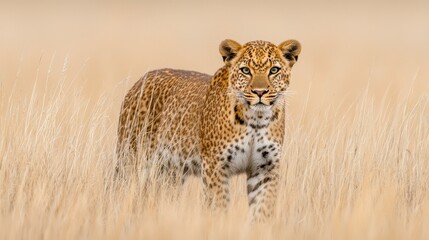 Obraz premium Majestic Leopard Prowling Through Sunlit Savannah Grassland