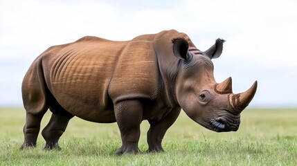 Obraz premium A rhinoceros standing in a grassy landscape under a cloudy sky.