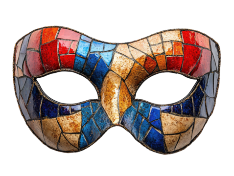 A carnival eye mask with a blue, red and yellow mosaic design on a transparent background.