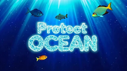 Vibrant marine life surrounding "protect ocean" message in blue waters
