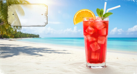 Refreshing fruit punch drink in summer white sand beach banner background