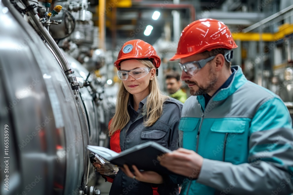 Aufkleber industrial engineers reading instructions manual in factory