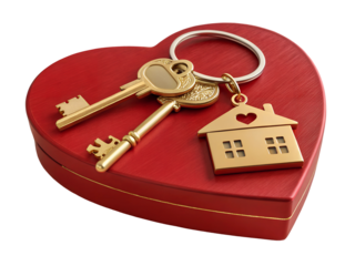 3D render design template with golden key and a house shaped keychain on a heart shaped gift red colour white background PNG transparent